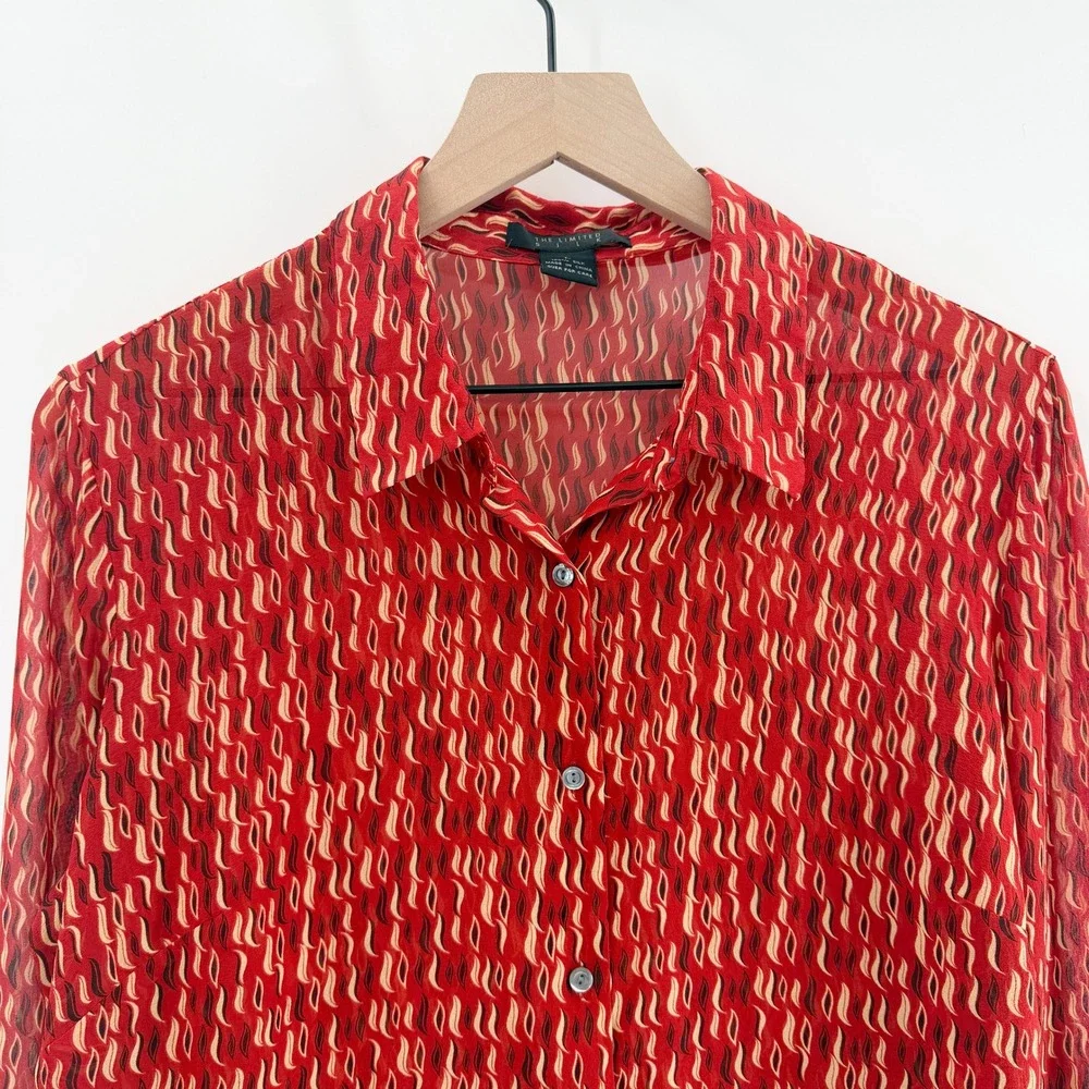 Vintage Y2K The Limited 100% Silk‎ Sheer Button Down Top in Red Flame Size L